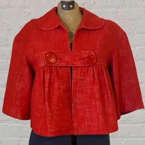 Tibi Red Cropped Cotton Linen 3/4 Sleeve Blazer Cropped Jacket Peacoat Coat